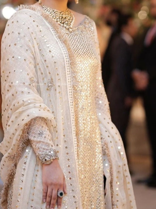 White Kamdani Dress Work for Wedding (Unstitched)