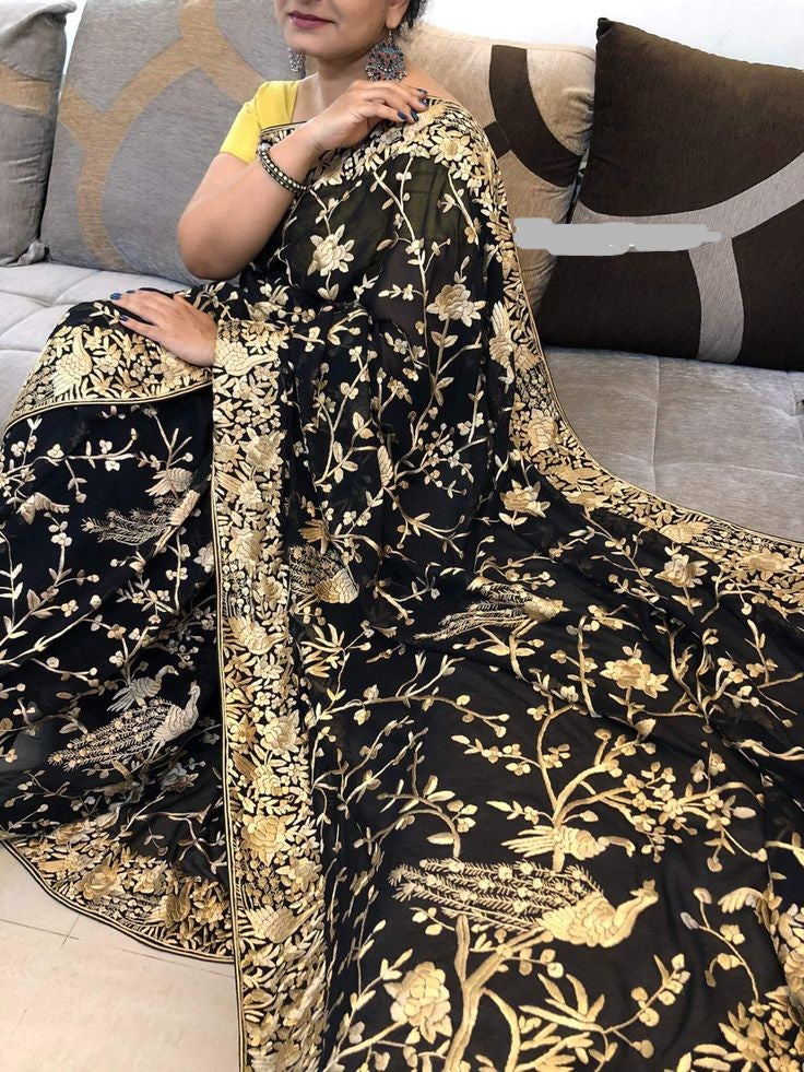Parsi Gara Black Saree(Unstitched)