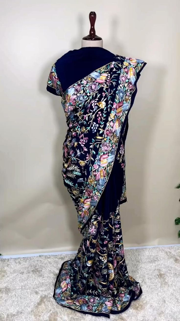 Parsi Gara hand embroidered full jaal Navy Blue saree(Unstitched)