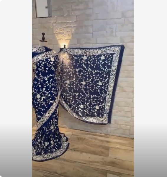 Parsi Gara Hand Embroidered Full Jaal Navy Blue Saree(Unstitched)