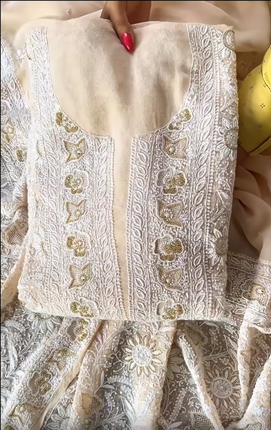 Gold Pure Georgette Suit with Do Taar Chikankari & Embellishments