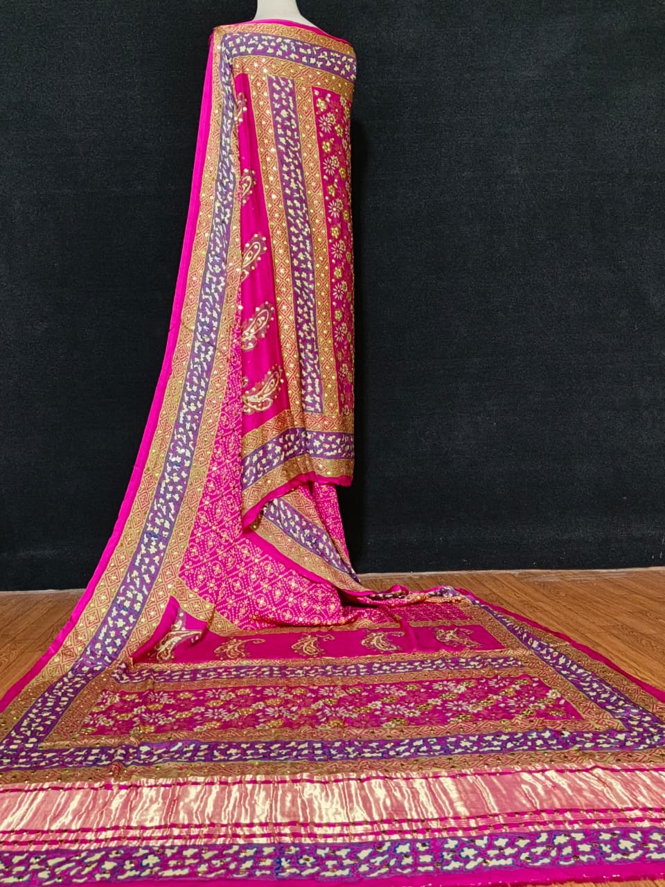 Luxury Indian Gaji Silk Dupatta with Fine Screen Print & Antique Kamdani Work – A Statement Piece to Refine Your Look