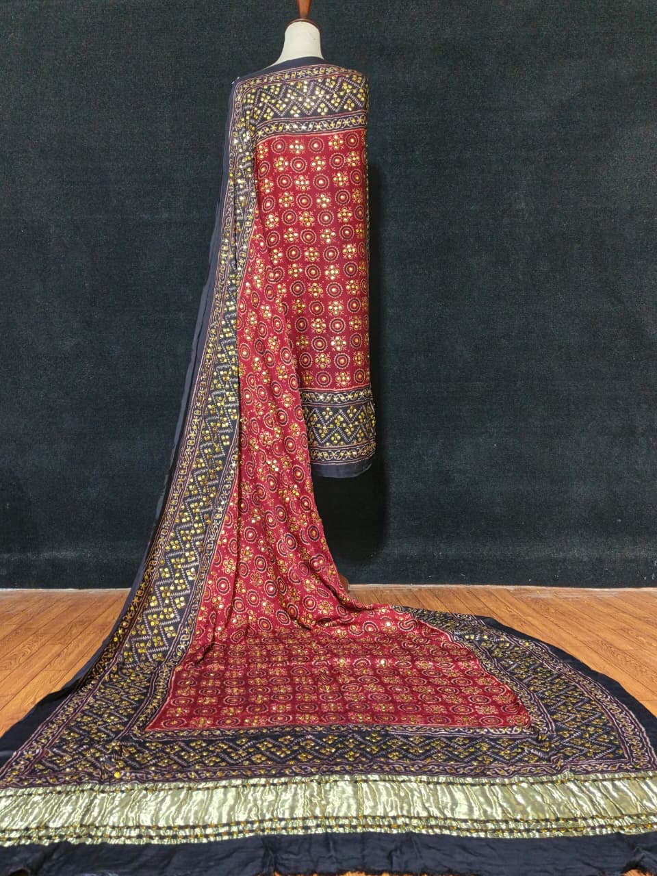 Luxury Indian Gaji Silk Dupatta with Fine Screen Print & Antique Kamdani Work – A Statement Piece to Refine Your Look