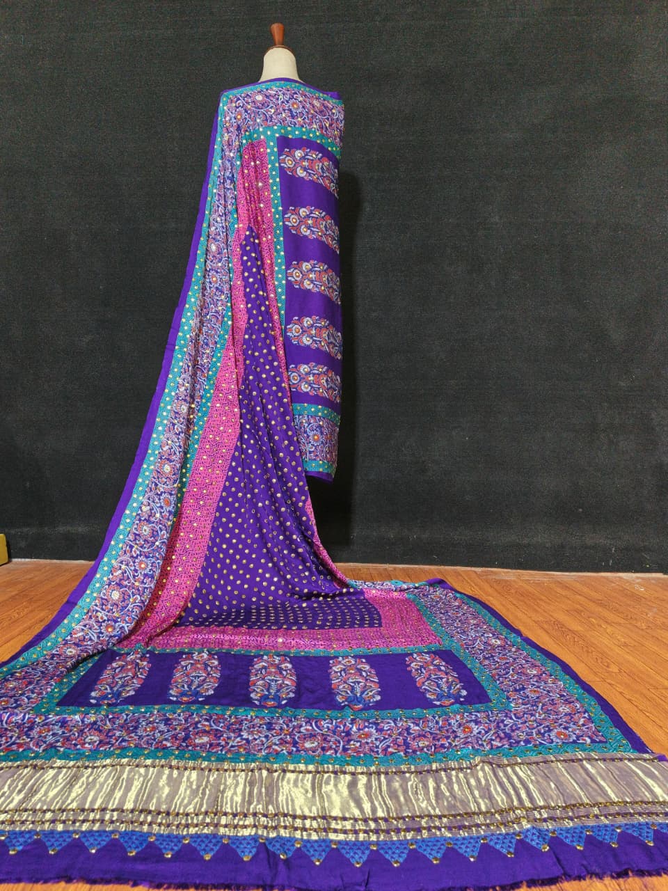 Luxury Indian Gaji Silk Dupatta with Fine Screen Print & Antique Kamdani Work – A Statement Piece to Refine Your Look