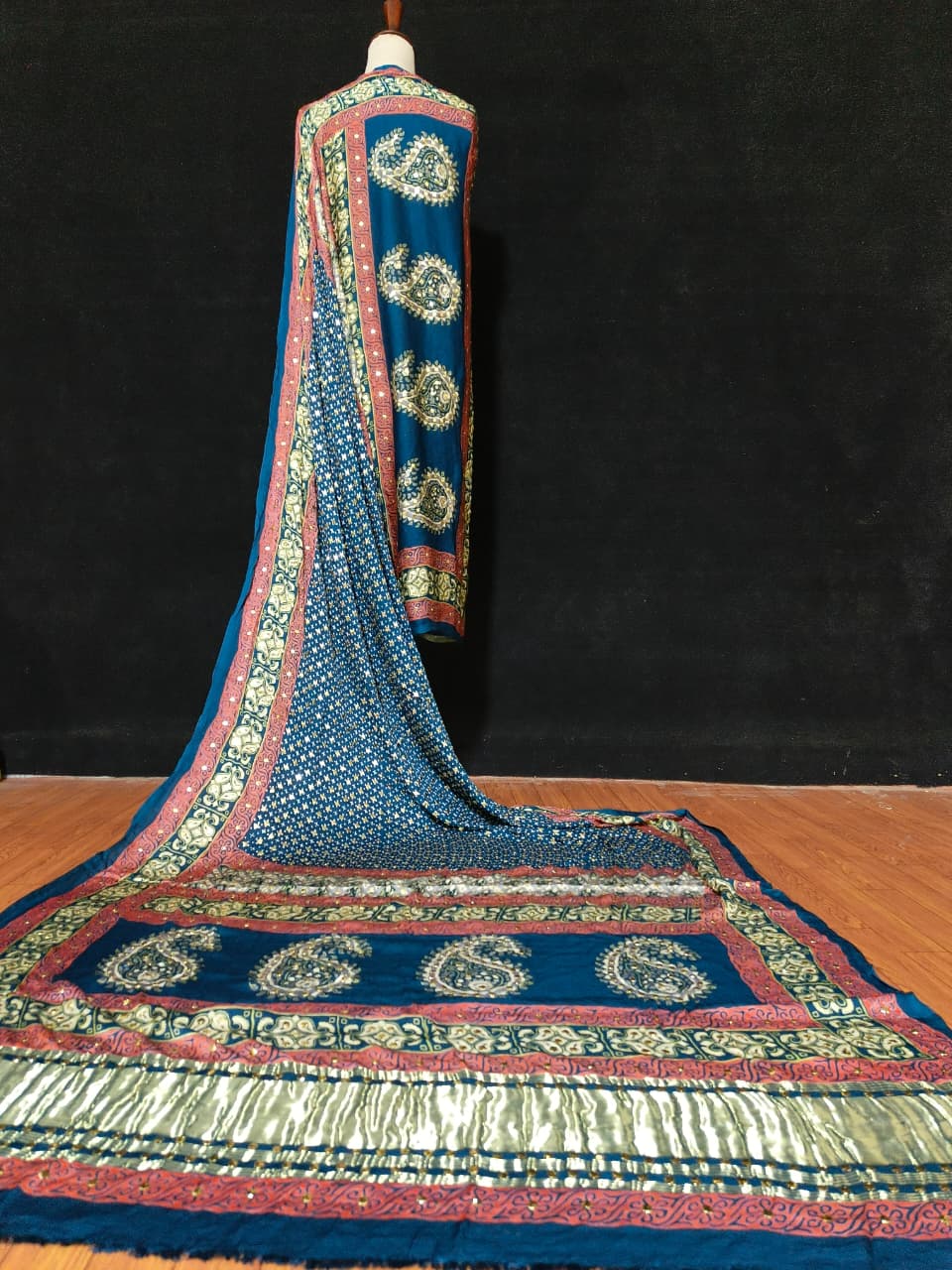 Luxury Indian Gaji Silk Dupatta with Fine Screen Print & Antique Kamdani Work – A Statement Piece to Refine Your Look
