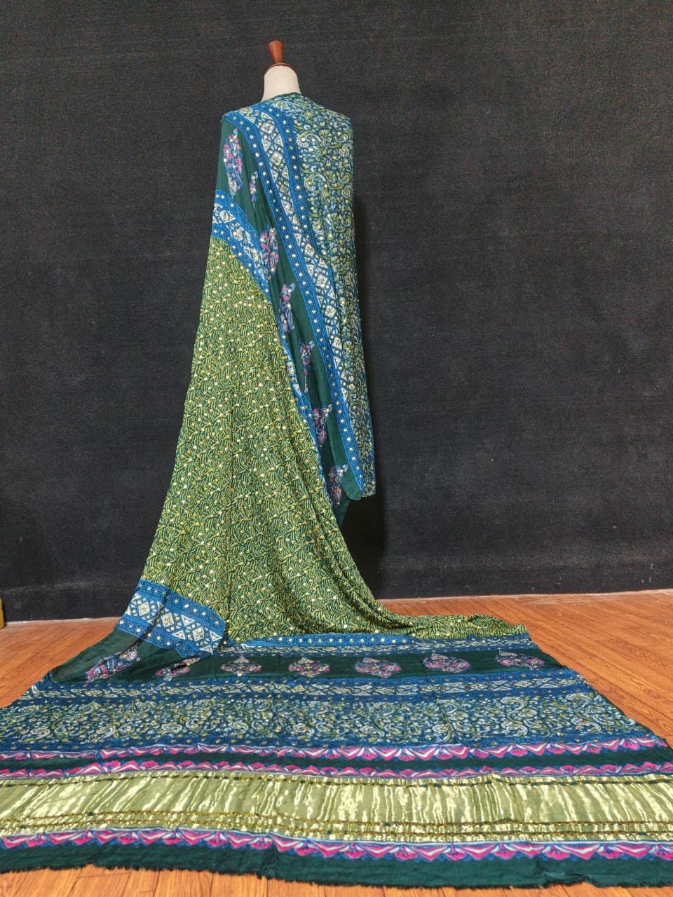 Luxury Indian Gaji Silk Dupatta with Fine Screen Print & Antique Kamdani Work – A Statement Piece to Refine Your Look