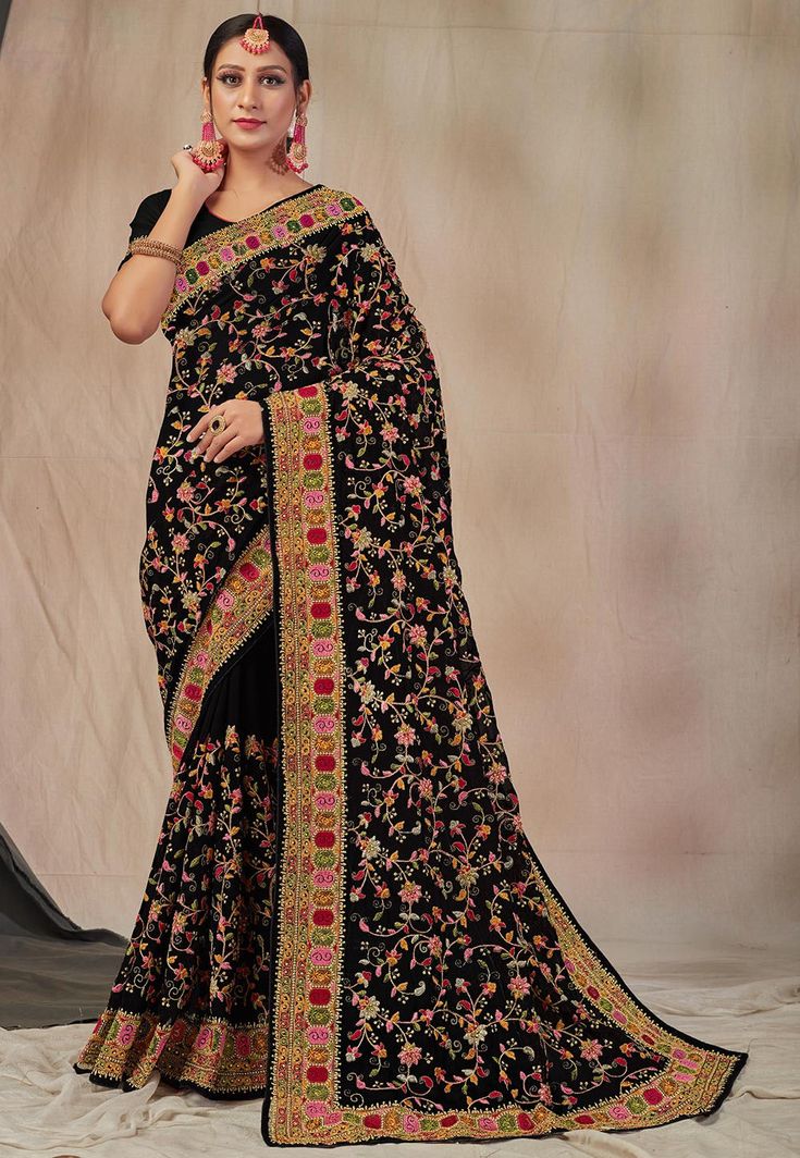 Embroidered Georgette Saree in Black