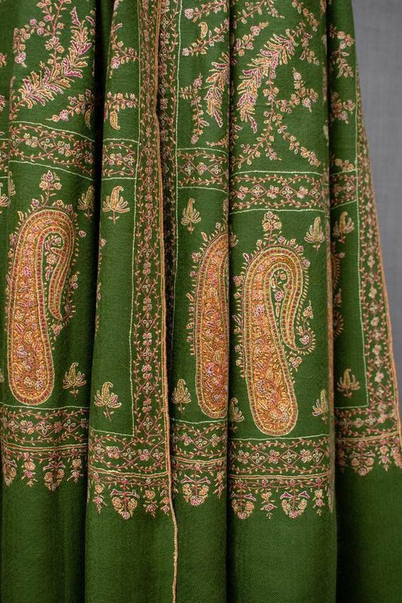 Green Kashmiri Shawl With Gold Thread Work