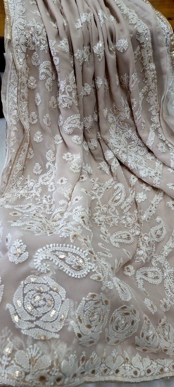 Women Georgette Chikankari All Over Gotta Patti Work Saree With Attached Blouse Lucknawi Chikankari Ethnic Wear Women Indian Handcrafts