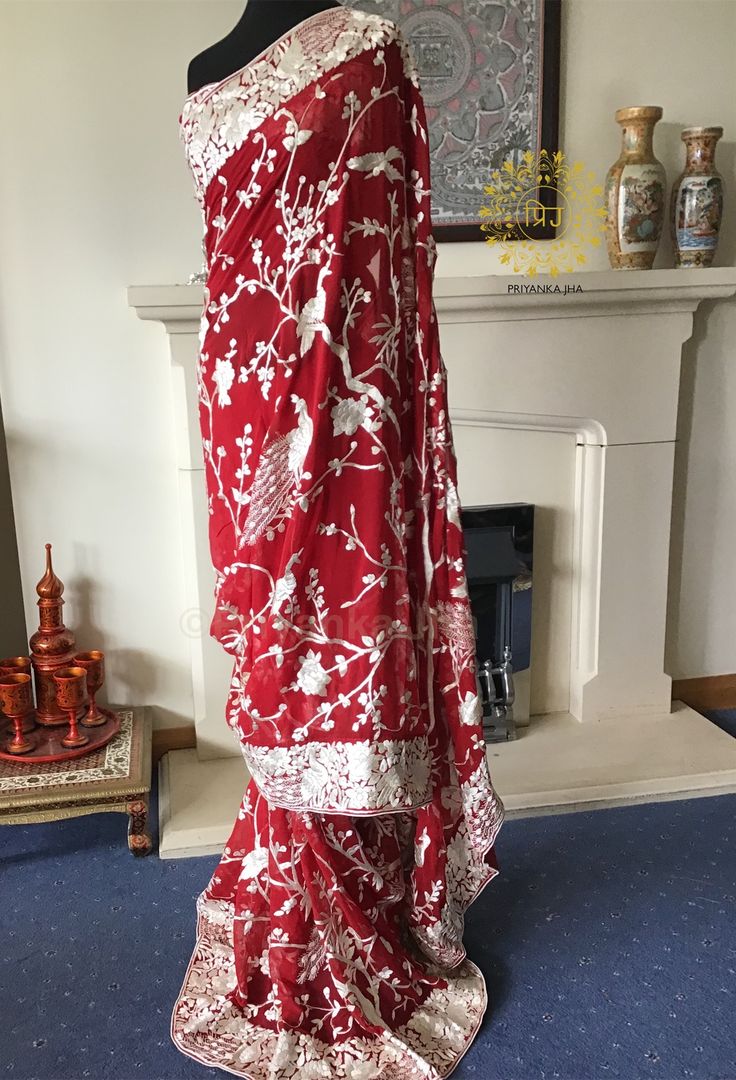 Parsi Gara Work Red Saree(Unstitched)